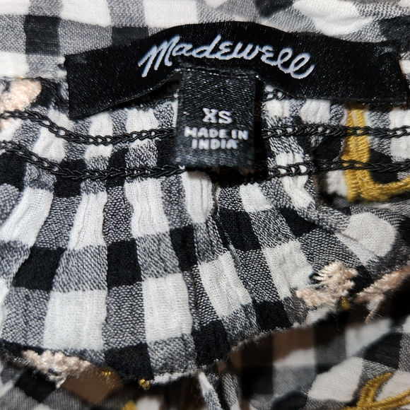Madewell Black/White Gingham Embroidered 3/4 Sleeve Top Size XS Textured Flowers - Picture 8 of 11